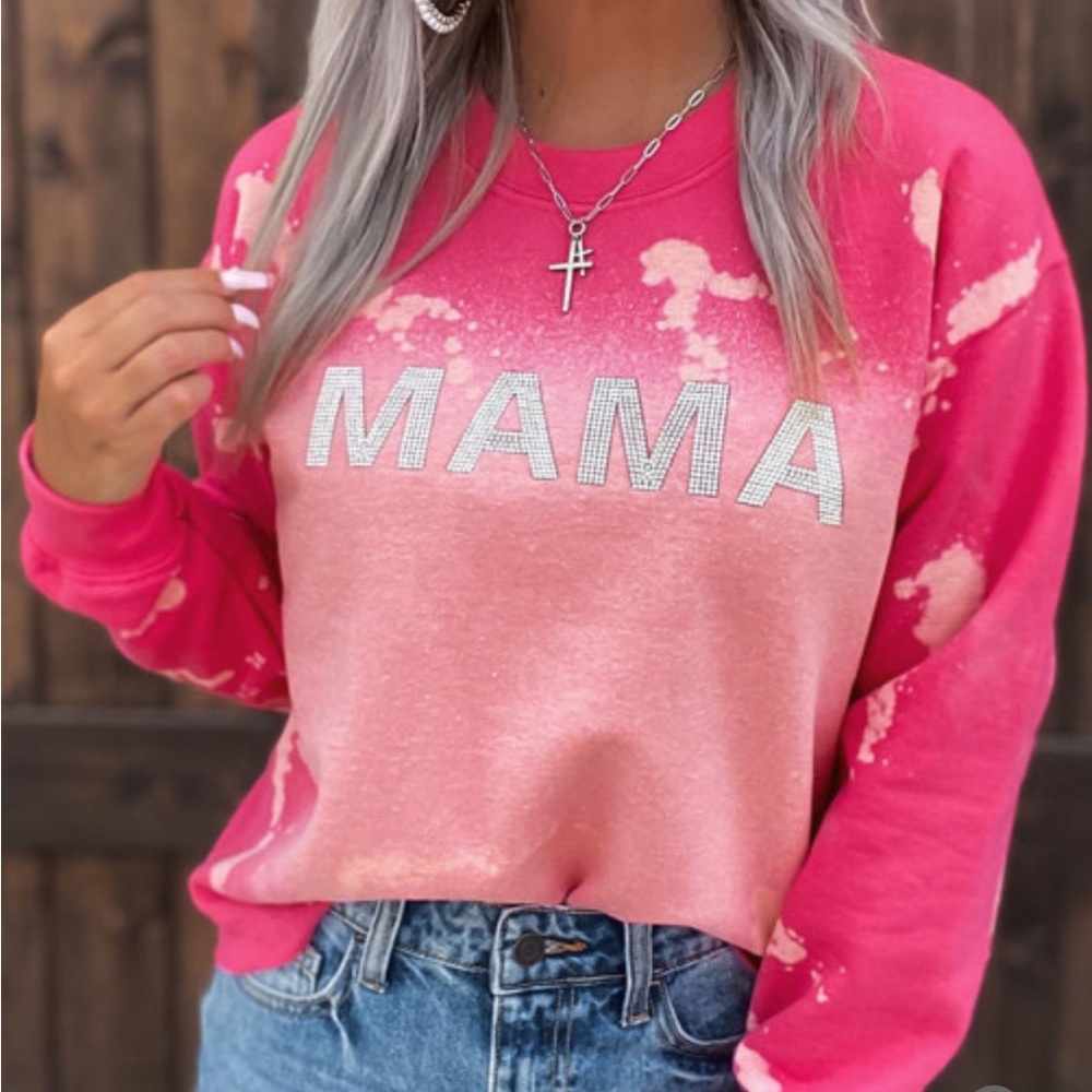 Pink Casual Mama Rhinestone Letter Tie Dye Sweatshirt